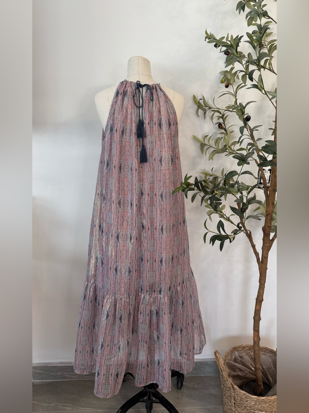 World Market Metallic Stripe Halter Midi Dress S/M Pink Gray Boho - Picture 6 of 7